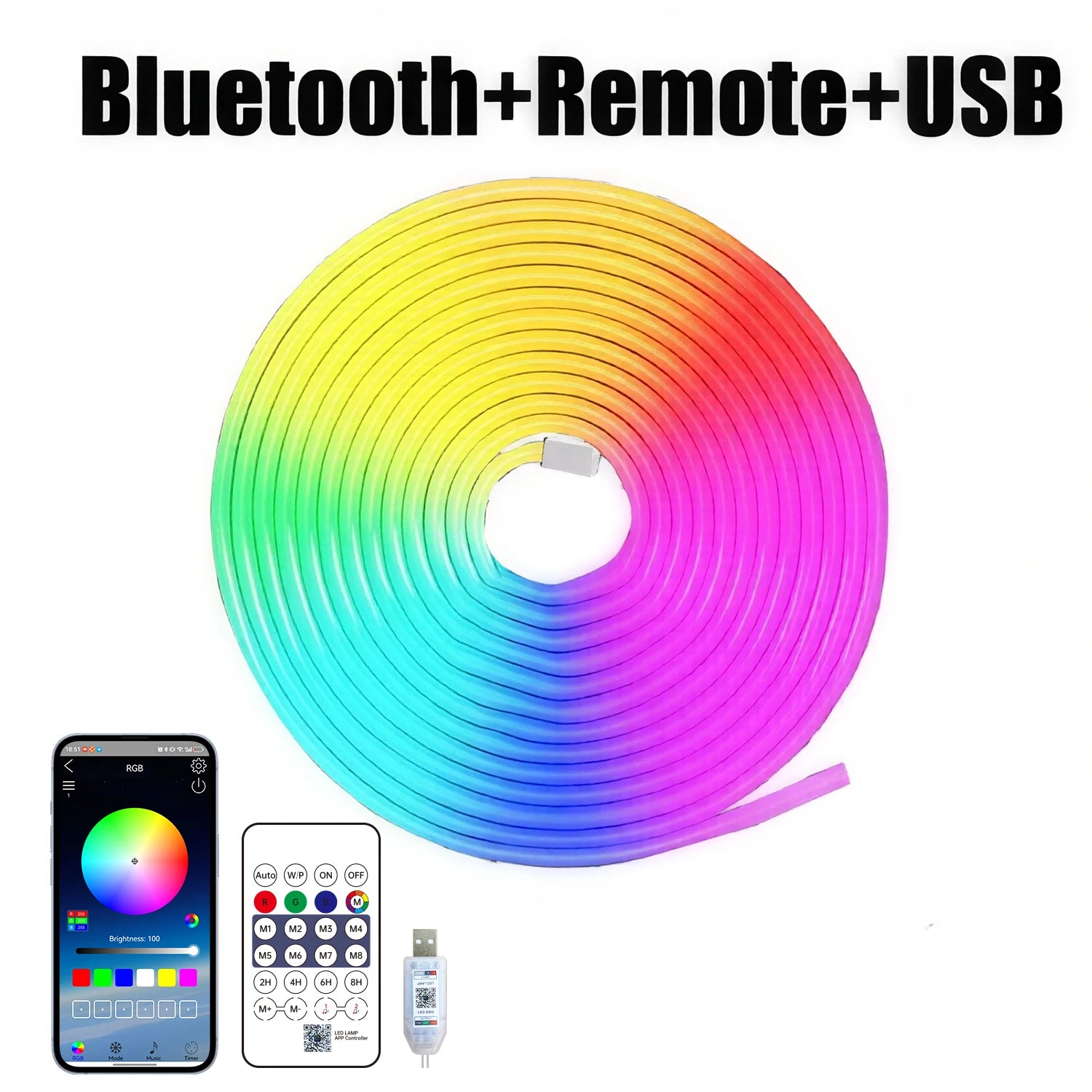 Neon Rope Light 5V USB Flexible Strip Waterproof with Bluetooth Remote & Music Sync