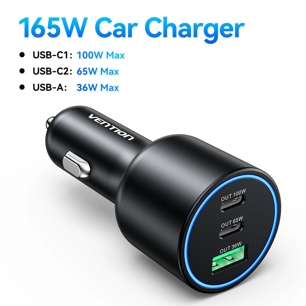 165W USB C Car Charger 3-Ports