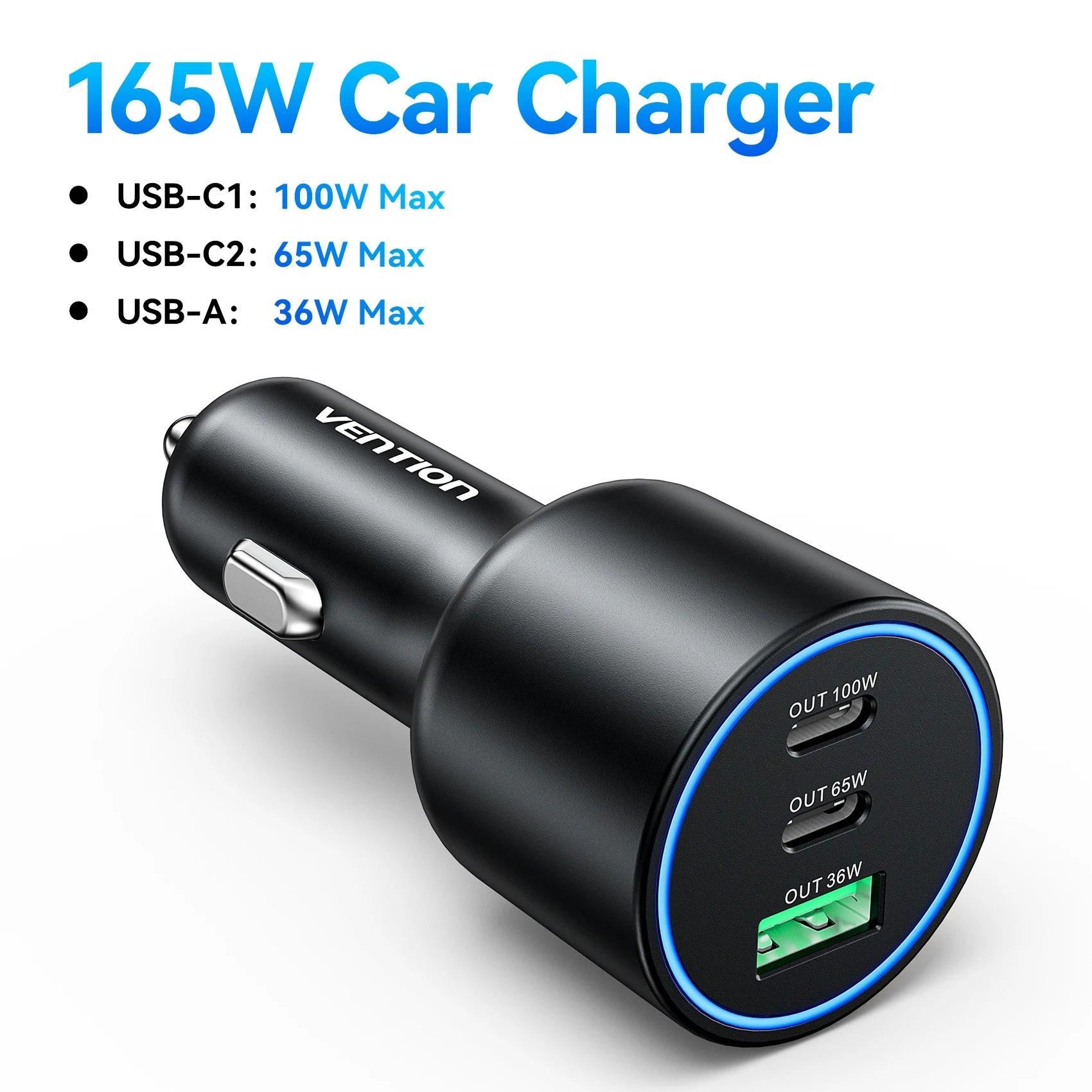 165W USB C Car Charger 3-Ports