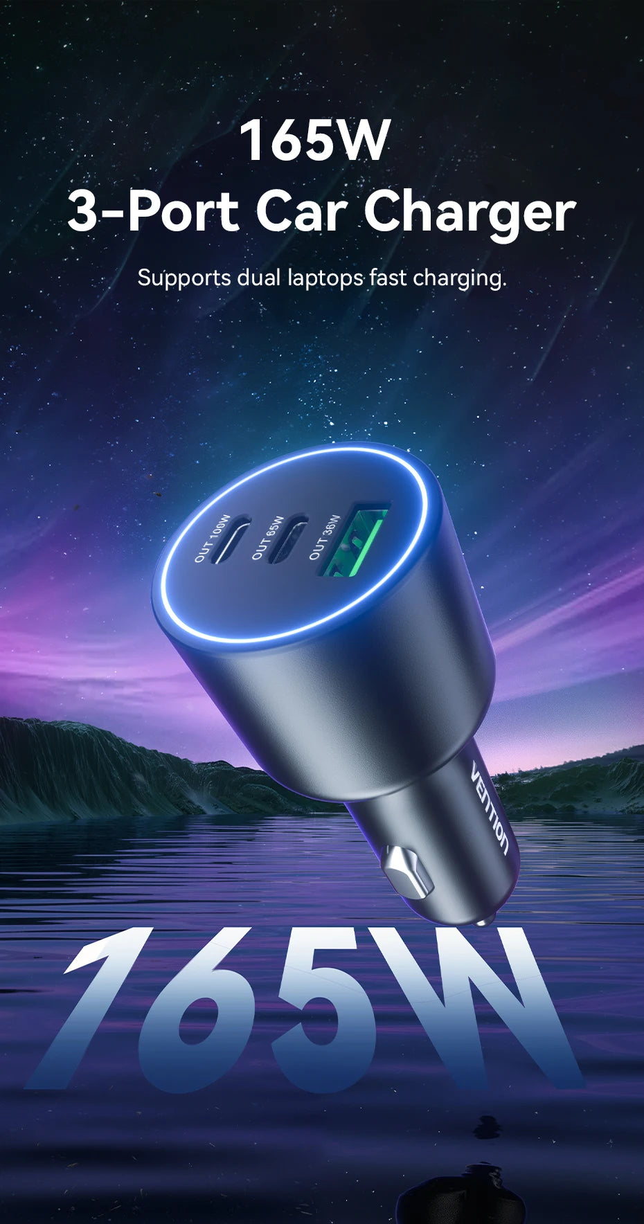 165W USB C Car Charger 3-Ports