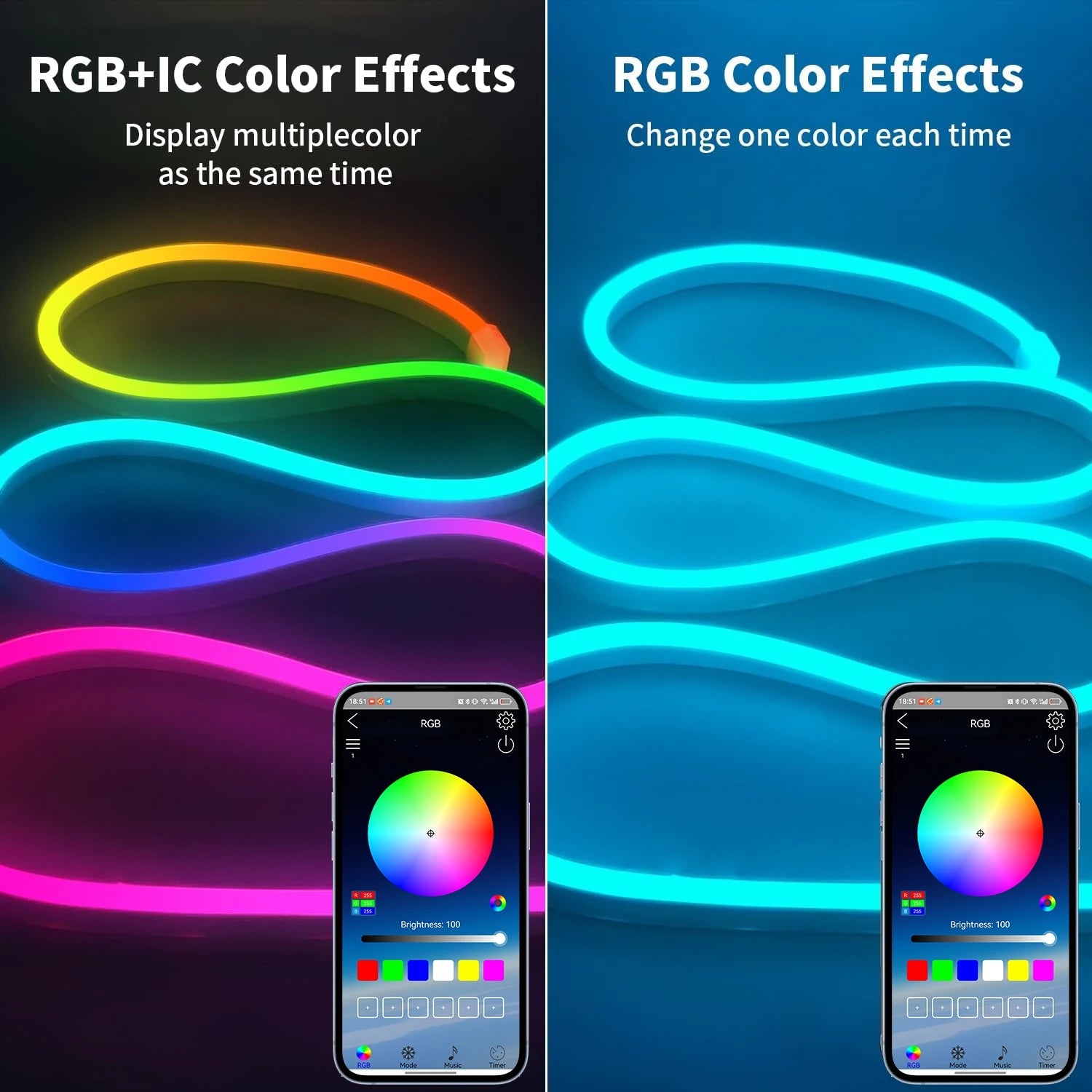 Neon Rope Light 5V USB Flexible Strip Waterproof with Bluetooth Remote & Music Sync