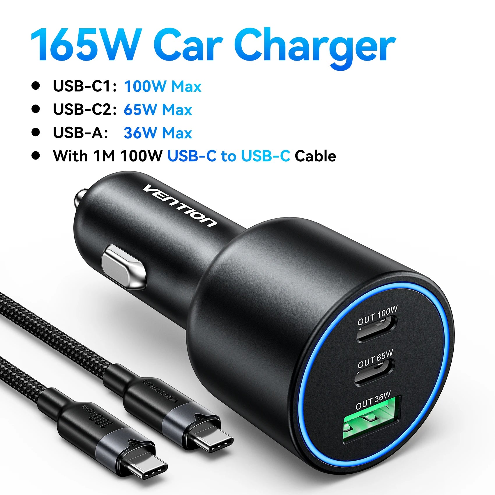 165W USB C Car Charger 3-Ports