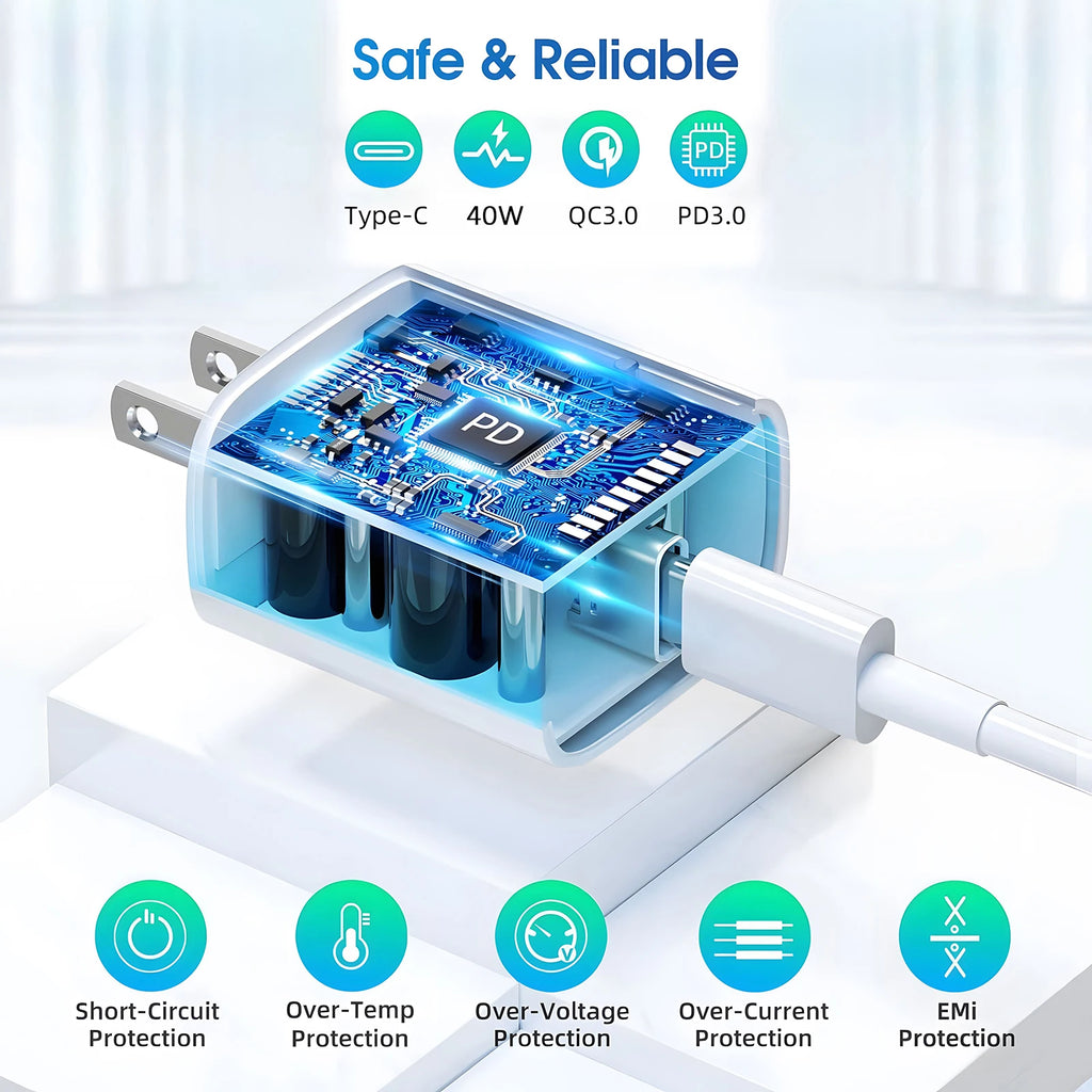 40W Fast Charger for iPhone USB Type C Data Cable