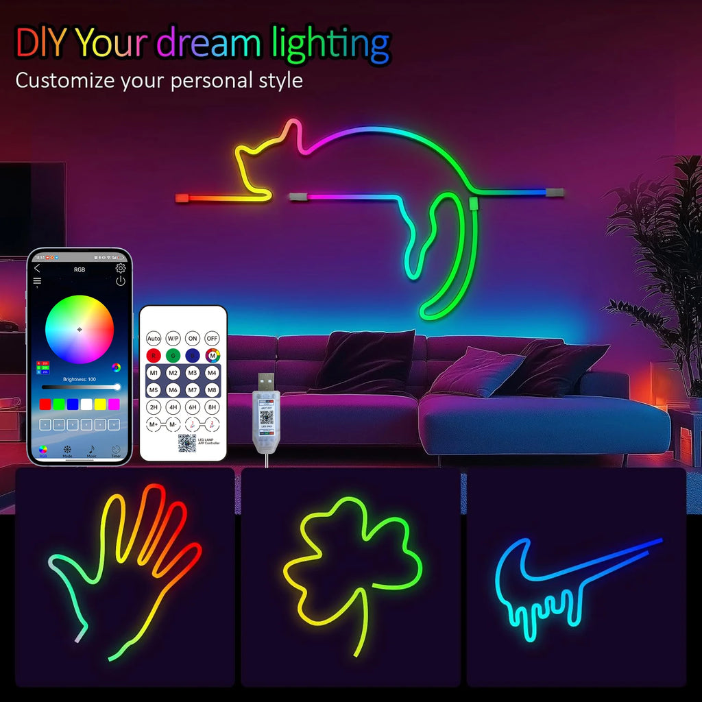 Neon Rope Light 5V USB Flexible Strip Waterproof with Bluetooth Remote & Music Sync