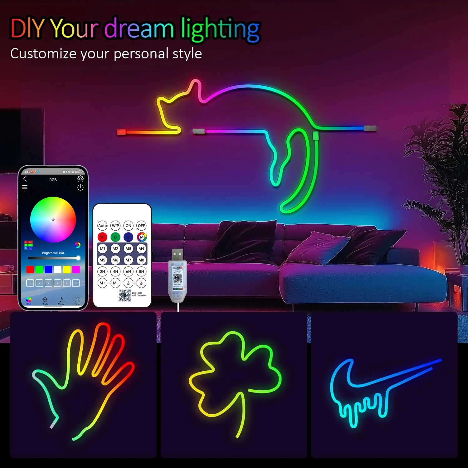 Neon Rope Light 5V USB Flexible Strip Waterproof with Bluetooth Remote & Music Sync