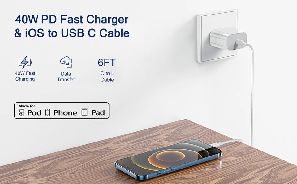 40W Fast Charger for iPhone USB Type C Data Cable