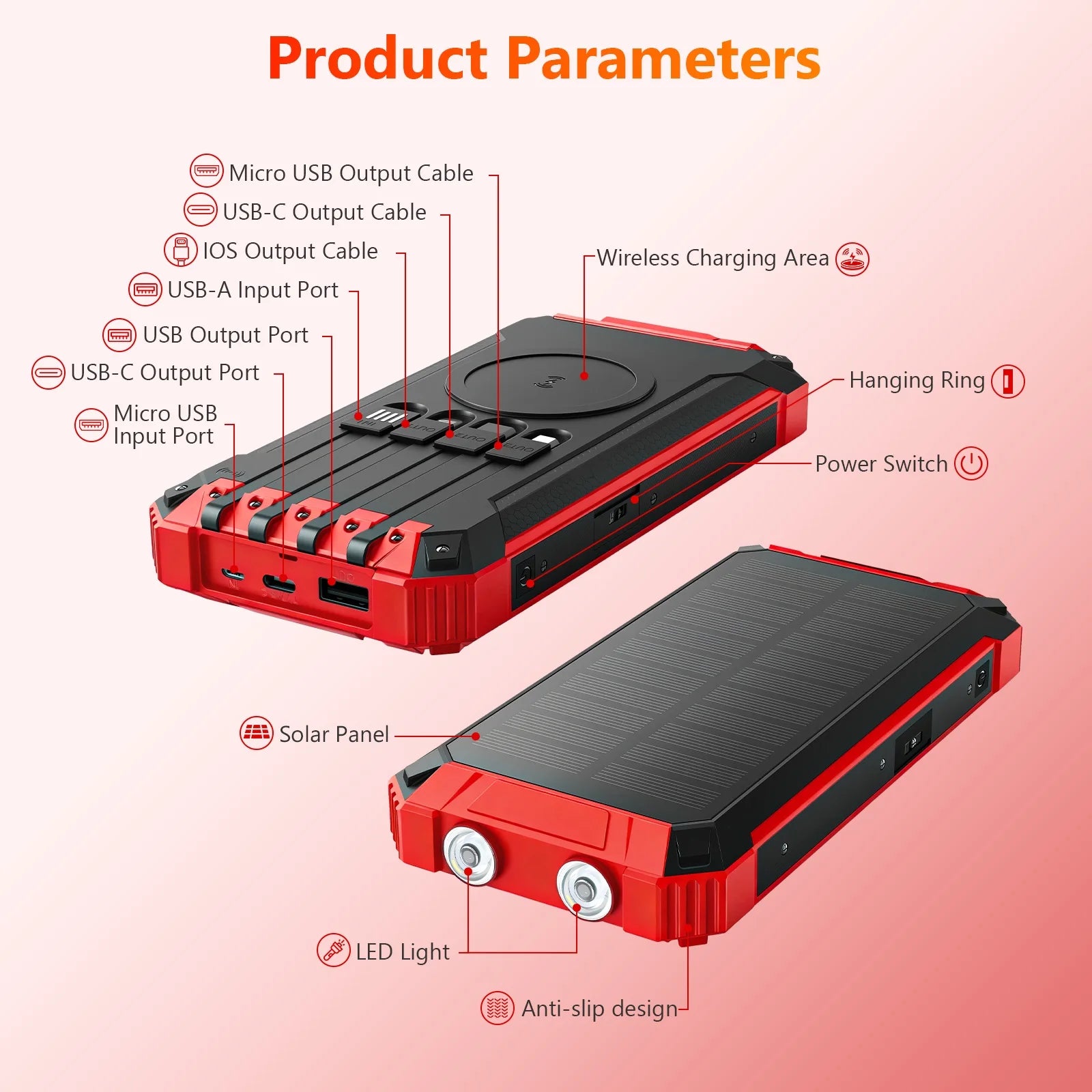 20000mAh Portable Solar Power Bank Wireless Charging 18W