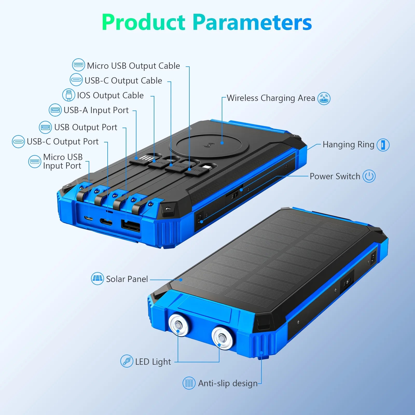 20000mAh Portable Solar Power Bank Wireless Charging 18W