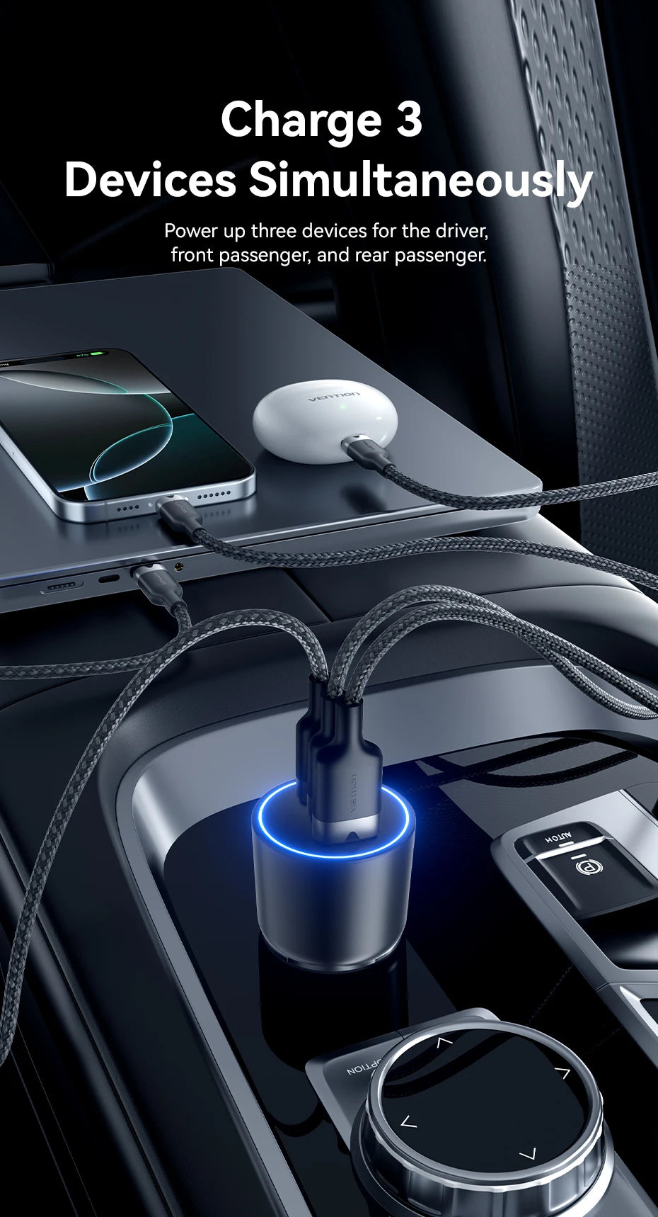 165W USB C Car Charger 3-Ports