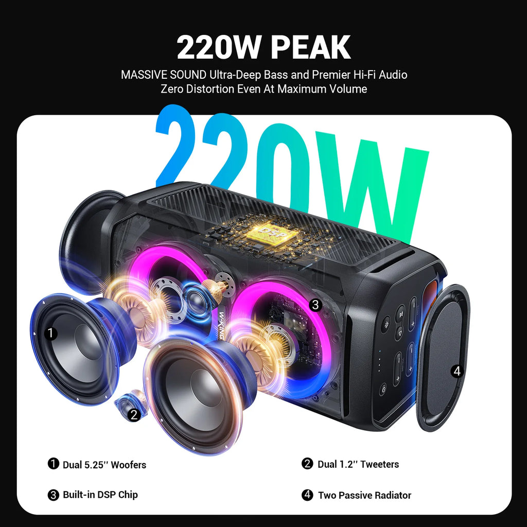 100W RMS Bluetooth Speakers, Portable Party Boombox